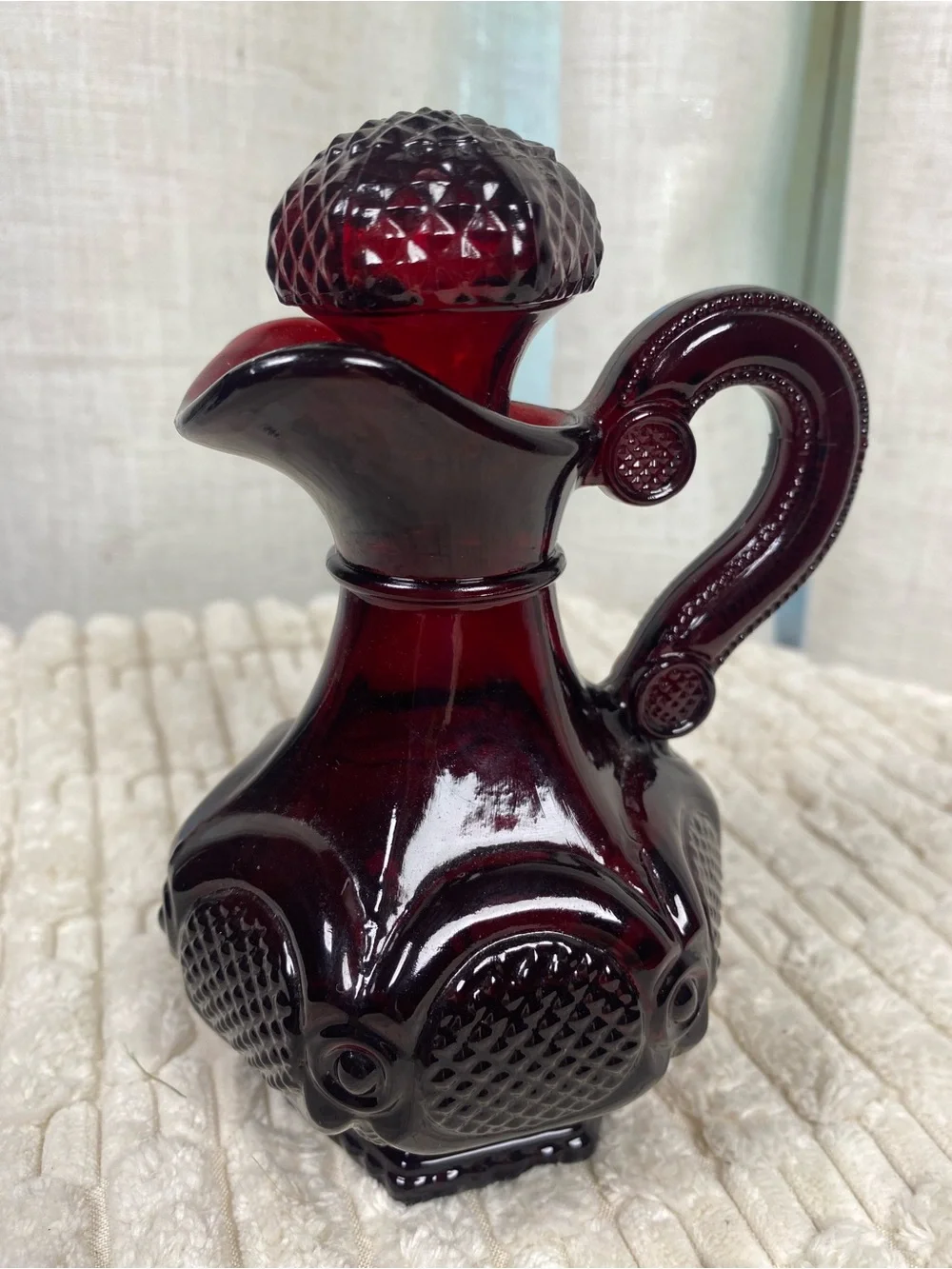 Vintage Avon 1876 Cape Cod Ruby Red Glass Cruet Decanter - Full w/ Original Oil